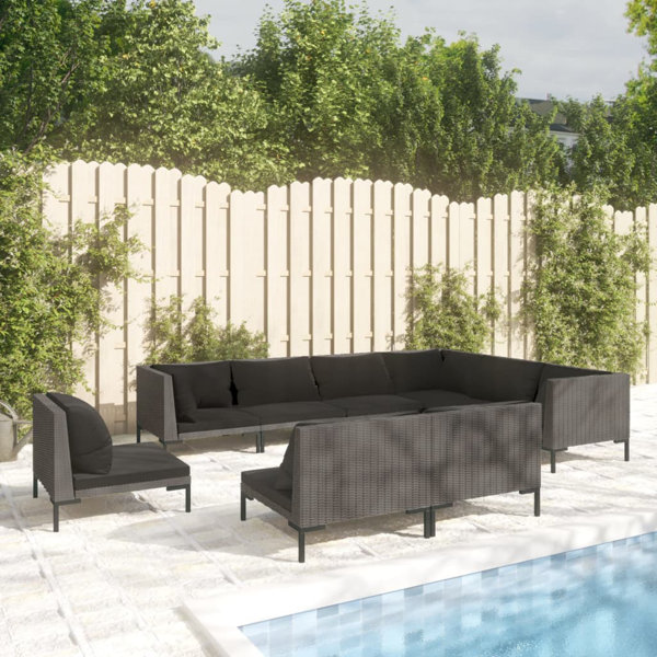 Wrought Studio 9 Piece Patio Lounge Set with Cushions Poly Rattan Dark